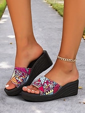 olcso Telitalpú szandálok-színes, felbújós női ékszandál etnikai mintával – kényelmes platform dizájn nyári, tengerparti és hétköznapi viselethez