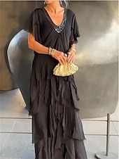 preiswerte Chiffonkleider-Damen Maxikleid Freizeitkleid elegant stylisch lässig Urlaub Party Alltag Regular Fit einfarbig Kurzarm V-Ausschnitt schwarz grün grau Sommer Frühling Herbst