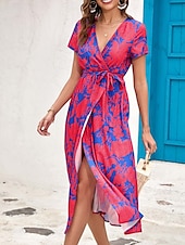abordables Robes fleuries décontractées-Femme Robe Maxi Robe casual Robe Portefeuille Robe Trapèze mode Décontractées Vacances du quotidien Standard Floral Manche Courte Col V Rose Claire Rouge Eté