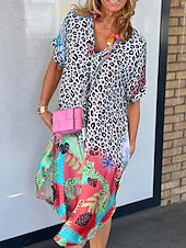 abordables Robes de vacances-Femme robe longue Robe d&#039;été Robe d&#039;été Rétro Vintage mode Vacances du quotidien Ample Graphic Léopard Manche Courte Col V Rose Claire Bleu Orange Marron Eté