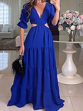 preiswerte abendkleider-Damen Maxidress abendkleider A Linie Kleid Elegant Stilvoll Brautkleider schlicht Ausgestellter Ärmel Party Verabredung Regular Fit Glatt Langarm V Ausschnitt Rote Blau Frühling Herbst Winter