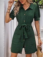 ieftine proiectează rochii din bumbac și in-Pentru femei Rochie Lunga Rochie Maxi Rochii inspirate din in Rochii Tip Cămașă Rochie casual Elegant Stilat Casual Vacanță Petrecere Muncă Fit regulat Simplu Manșon scurt Guler Cămașă Verde Militar