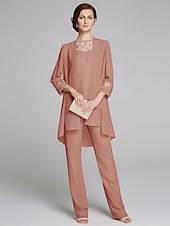 voordelige Broekpakken van mama-Jumpsuit  Pantssuit Moeder van de Bruid Formele Bruiloft Gast Wrap Inbegrepen Juweel Hals Vloerlengte Chiffon Kant 3/4 Lengte Mouw met Pailletten 2025 gratis op maat