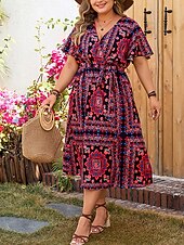 halpa Boho-mekot-Naisten Pitkä mekko Maxi mekko Rento mekko A linjainen mekko Kesämekko Boho-mekko Tyylikäs Havaijilainen Loma Päivittäin Deitti Ylisuuret Kukka Lyhythihainen Solmittava kaula Rubiini Kesä