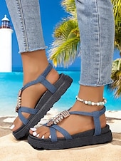 cheap Vacation Sandals-Women&#039;s Denim T-Strap Sandals with Beaded and Embellished Details, Lightweight Sole, and Boho Style for Beachwear and Summer Casual Outfits