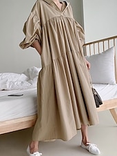 preiswerte Kleider-Damen Maxikleid Leinen-inspirierte Kleider Hemdblusenkleid Basic Lässig Urlaub Täglich Normale Passform Einfach Langarm Mit Kapuze Schwarz Khaki Frühling Herbst