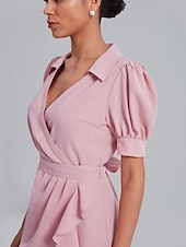 cheap Wrap Dresses-Puff Sleeve Wrap Dress with Ruffle