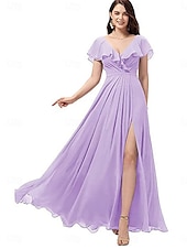 cheap Bridesmaid Dresses-A-Line Bridesmaid Dress V Neck Short Sleeve Elegant Floor Length Chiffon with Split Front 2022