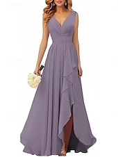 abordables Robes de demoiselle d&#039;honneur-Robe en A Robe de demoiselle d&#039;honneur Col en V Sans manches Élégante Longueur de sol Chiffon avec volants  fente avant  fronces