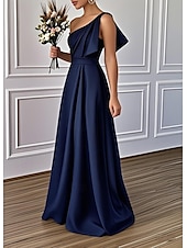 baratos Vestidos para Madrinhas-Linha A Vestido de Madrinha Assimétrico Sem Manga Elegante Longo Cetim com Laço(s) 2022