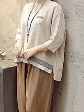 preiswerte Hemden-Damen Hemd Bluse Baumwoll-Leinen-Hemden Geometrisch Basic Lässig Dreiviertelarm Rundhalsausschnitt Normale Oberteile Täglich Patchwork Weiß Braun Grün Sommer Frühling