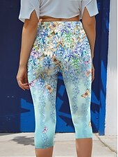 זול הדפס פרחים-גטונים לנשים מכנסי קפרי אופנה רחוב באורך מלא עם מותן גבוהה הדפסה פרחונית תרמית חמה נושמת רכה מיקרו-אלסטית חוץ יומי כחול סתיו חורף מתאים רגיל