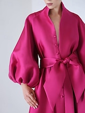 billiga Cocktailklänningar-Rosa Siden A-Line Kvällen Klänning Elegant Klänning Formell Asymmetrisk Lång Ärm Ståkrage Ficka med Båge(r) Fickor Klänningar