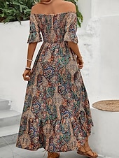 levne Boho šaty-Dámské Dlouhé šaty Maxi šaty Áčkové šaty Letní šaty Boho šaty Elegantní Čechy stylové Dovolená Denní Rande Běžný Grafika Krátký rukáv Pod rameny Oranžová Trávová zelená Tmavomodrá Léto
