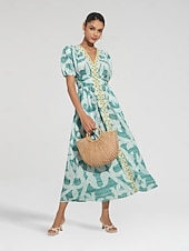 abordables Robes de vacances-robe mi-longue à manches bouffantes et col V