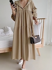 preiswerte Kleider-Damen Maxikleid Leinen-inspirierte Kleider Hemdblusenkleid Basic Lässig Urlaub Täglich Normale Passform Einfach Langarm Mit Kapuze Schwarz Khaki Frühling Herbst