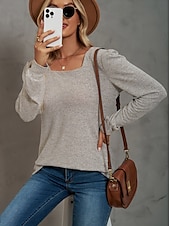 abordables Tops Sencillos para Mujeres-Mujer Sayo Remera de algodón Plano Bohemia Elegante Básico Manga Larga Manga Farol Escote Cuadrado Tops regulares Diario Deportes Noche Negro Rosa Morado Verde Trébol Caqui Primavera Otoño