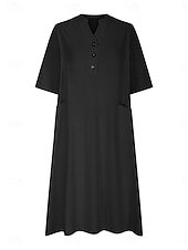 cheap Design Cotton &amp; Linen Dresses-Women&#039;s Midi Dress Cotton Linen Dresses Basic Casual Vacation Daily Regular Fit Plain 3/4 Length Sleeve Notched Neck Black Red Purple Light Blue Summer