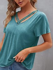 abordables T-shirt uni-Femme T shirt Plein basique Décontractées Manche Courte Col V Hauts réguliers du quotidien Fin de semaine Bleu Vert Eté