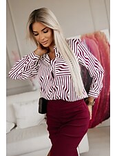 cheap Women&#039;s Tops-Blouse Women&#039;s Wine Khaki Stripes Buttons Printing Daily Elegant V Neck Regular Fit S