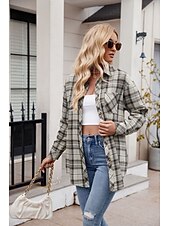 cheap Women&#039;s Graphic Tops-Women&#039;s Shirt Boho Shirt Dressy Tops Plaid Casual Boho Long Sleeve Bishop Sleeve V Neck Long Tops Work Daily Going out Pink Dusty Blue Purple Khaki Dark Gray Spring Fall