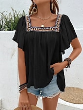 abordables Hauts de Vacances pour Femmes-Femme Chemise Chemisier Couleur unie mode Décontractées Manche Courte Col Carré Hauts réguliers du quotidien A Volants Patchwork Brodée Noir Blanche Eté Printemps