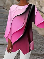 economico Top d&#039;Arte e Design per Donne-Blusa da donna a maniche lunghe con orlo asimmetrico tunica chiffon elegante stampa ombre neon e brillante orlo asimmetrico top lunghi scollo rotondo casual giornaliero rosa viola arancione verde