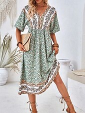 abordables Robes Bohémiennes-Femme robe longue Robe Trapèze Robe d&#039;été robe boheme Elégant Hawaïen mode Vacances du quotidien Rendez-vous Standard Floral Manche Courte Col V Vert Eté