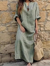 preiswerte bedruckte Kleider aus Baumwolle und Leinen-Damen Normal Maxikleid Baumwoll-Leinen-Kleider Vintage-Kleid Stilvoll Lässig Arbeit Täglich Lässiger Schnitt Gestreift Langarm V Ausschnitt Rote Grün Grau Frühling Herbst
