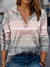 baratos Camiseta floral-Camiseta Feminina Rosa Moderna Manga Longa Decote V Golinha Tops Regulares Trabalho Estampada Preto Branco Amarelo Rosa Vermelho Verão Primavera Outono