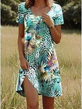 levne hawaiské šaty-Dámské mini šaty casual šaty petite šaty tričkové šaty tee šaty sundress casual dovolená casual denní regular fit květinové leopardí krátký rukáv crew neck zelená léto