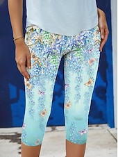 זול הדפס פרחים-גטונים לנשים מכנסי קפרי אופנה רחוב באורך מלא עם מותן גבוהה הדפסה פרחונית תרמית חמה נושמת רכה מיקרו-אלסטית חוץ יומי כחול סתיו חורף מתאים רגיל