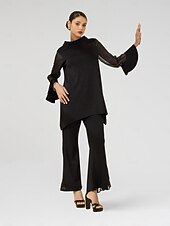 preiswerte Blusen-Damenbluse für Hochzeitsgäste, Partys, schwarz, hoher Halsausschnitt, Chiffon, Modal, Patchwork, ausgestellte Manschetten, schmale Passform, elastisch, elegant, lässig, Bürokleidung
