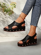 abordables Sandales Décontractées-sandales compensées découpées noires pour femmes avec détails cloutés et semelle plateforme confortable - chaussures d&#039;été tendance pour les sorties décontractées et à la plage