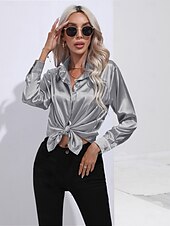 cheap Work Tops-Women&#039;s Shirt Boho Shirt Dressy Tops Plain Casual Boho Long Sleeve Bishop Sleeve Shirt Collar Regular Tops Party Evening Wear Daily Evening Party Glitter Silver Black Yellow Red Royal Blue Summer