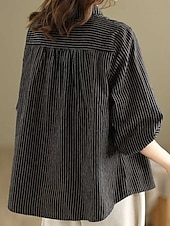 voordelige Overhemden-Dames Overhemd Katoenen linnen overhemden Knoop omhoog Blouse Gestreept Stijlvol Casual Lange mouw Overhemdkraag Normale tops Dagelijks Knop Afdrukken Zwart Wit Zomer Lente Herfst
