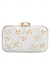 cheap Clutches &amp; Evening Bags-Women&#039;s 3D Floral Clutch with Pearl Accents and Gold Chain – Stylish Evening Bag for Weddings, Parties and Formal Occasions Silver Black Gold