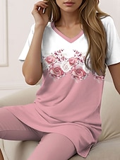abordables Ensembles courts pour femmes-Ensemble de 2 pièces pour femmes t-shirt de mode et shorts shorts longueur sous le genou manches courtes col en V impression florale décontracté quotidien rose été coupe régulière