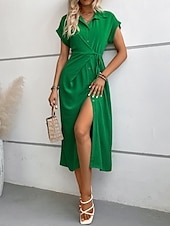 tanie Sukienki do biura-Damskie Sukienka midi Sukienka koszulowa Codzienne sukienki Sukienka kopertowa Elegancki Podstawowy Codzienny Urlop Codzienny Regularny Równina Krótki rękaw Kołnierzyk koszuli Czarny Zielony Lato