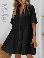 abordables Robe Simple-Robe-chemise courte pour femme, basique, décontractée, pour le quotidien, les vacances, coupe classique, manches courtes, col, noir, rose, abricot, été