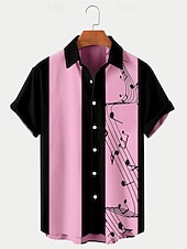 cheap Men&#039;s Bowling Shirt-Men&#039;s Musical Notes Summer Shirt Bowling Shirt Button Up Shirt Short Sleeve Fashion 1950s Casual Daily Summer Turndown Print Black Pink Blue Green