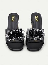 cheap Vacation Sandals-Women&#039;s Purple Slide Sandals with Pearl and Bead Embellishments – Fashionable Chunky Heel Mules for Casual Outings and Evening Events