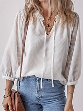 economico Top da Lavoro per Donne-Per donna Camicia Blusa Liscio Moda Informale Manica lunga A V Top regolari Giornaliero Collage Bianco Primavera Autunno