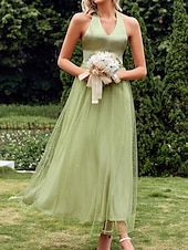 abordables Robes de demoiselle d&#039;honneur-Trapèze Robe de Demoiselle d&#039;Honneur  Col V Sans Manches Elégant Longueur Sol Nylon avec Avant Fendu 2022
