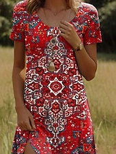 baratos Vestidos Boho-Vestido Mini Feminino Boho Vestido Casual Vestido Petite Vestido T Shirt Vestido Tee Vestido de Verão Casual Férias Casual Diário Regular Fit Floral Mangas Curtas Gola Redonda Preto Vermelho Azul