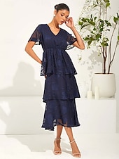 preiswerte Einfaches Kleid-Damen Maxidress A Linie Kleid Elegant Ausgefallene Flattrige Ärmel kleid hochzeitsgast Cocktailparty Regular Fit Glatt Kurzarm V Ausschnitt Dunkelblau Sommer
