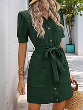 ieftine proiectează rochii din bumbac și in-Pentru femei Rochie Lunga Rochie Maxi Rochii inspirate din in Rochii Tip Cămașă Rochie casual Elegant Stilat Casual Vacanță Petrecere Muncă Fit regulat Simplu Manșon scurt Guler Cămașă Verde Militar