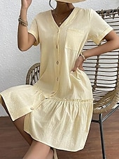 abordables Robes-Femmes Mini Robe Robes en coton et lin Élégant Basique Occasionnel Quotidien Coupe régulière Uni Manche Courte Col en V Blanche Jaune Été