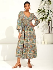 abordables Robes de vacances-Femme Robe Maxi Robe ethnique Robe Évasée Elégant mode Vacances Ample Graphic Cachemire manche longue Col V Vert Eté Printemps