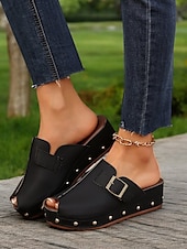 olcso Kényelmes szandálok-női peep-toe wedge öszvérek csatos pántokkal és szegecses díszítéssel – kényelmes felbújós szandál hétköznapi viselethez és nyári kirándulásokhoz